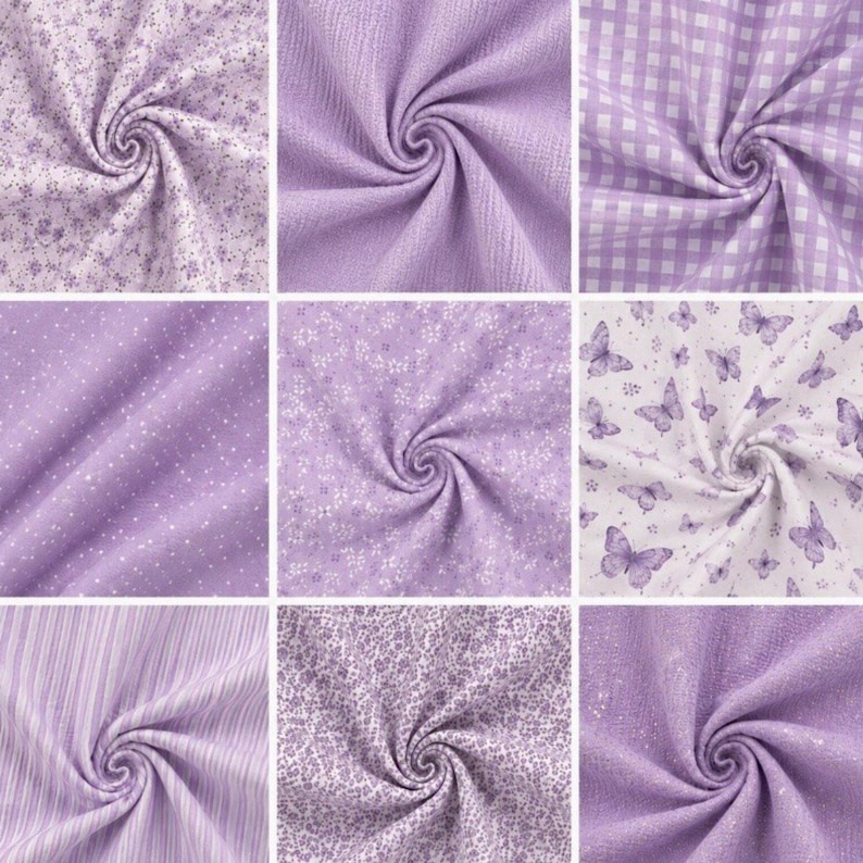 May include: Nine swatches of fabric in various shades of lavender. The fabrics include floral prints, gingham, polka dots, stripes, and butterfly patterns. The textures vary from smooth to textured, with a swirled presentation.