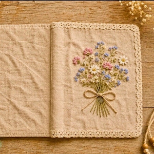 May include: Open, beige journal with an embroidered floral bouquet. The bouquet features pink, blue, and white flowers tied with a twine bow. The journal's edges are trimmed with delicate lace.