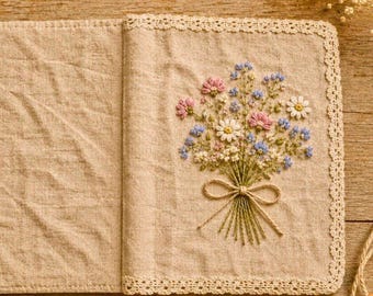 May include: Open, beige-colored journal with an embroidered floral bouquet. The bouquet features pink, blue, and white flowers tied with a twine bow. The journal's edges are trimmed with a delicate lace.