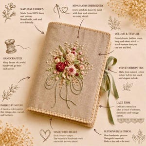 May include: A handcrafted journal cover made from natural linen and cotton. The cover features hand embroidery of a floral bouquet in shades of pink, cream, and green. It has a velvet ribbon tie and lace trim.