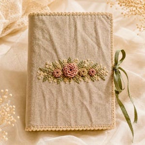 May include: A beige linen journal cover with embroidered pink roses and green leaves. The cover is trimmed with lace and has a green ribbon tie closure. The floral embroidery is centered on the front.