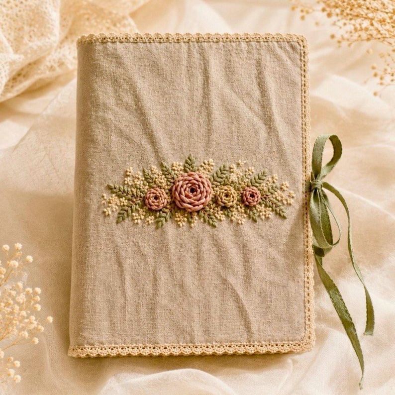 May include: A beige linen journal cover with embroidered pink roses and green leaves. The cover is trimmed with lace and has a green ribbon tie closure. The floral embroidery is centered on the front.