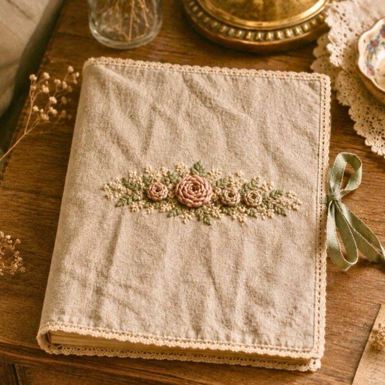 May include: A beige linen journal with embroidered pink roses and greenery. The cover is trimmed with lace and a sage green ribbon. The journal is open, revealing the pages within. The overall aesthetic is vintage and handcrafted.