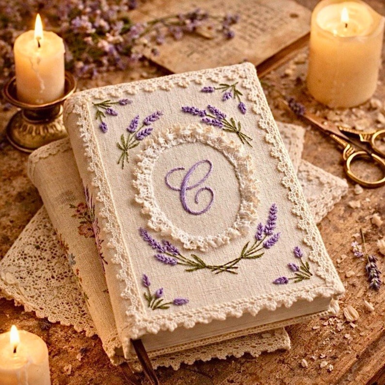 May include: A linen-covered journal with embroidered lavender sprigs and a central "C" in purple thread. The journal features a lace trim and is stacked on a floral-printed book, with lit candles in the background.