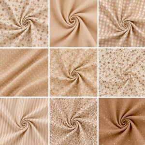May include: Nine swirled fabric samples in various beige and tan patterns. Designs include small floral prints, polka dots, gingham, stripes, and textured solids. The fabrics are tightly swirled, showcasing the different textures and patterns.