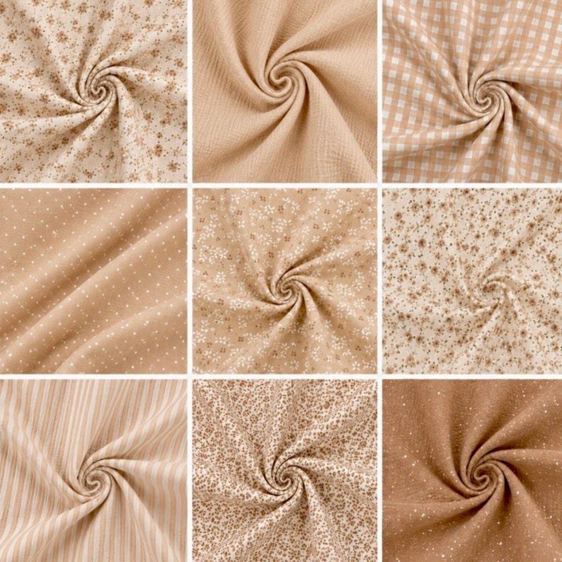 May include: Nine swirled fabric samples in various beige and tan patterns. Designs include small floral prints, polka dots, gingham, stripes, and textured solids. The fabrics are tightly swirled, showcasing the different textures and patterns.