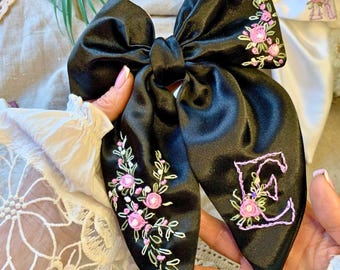 Personalized Big Satin Bow with Hand Embroidery