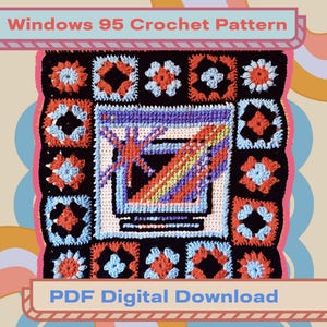 Puede incluir: Un patrón de crochet para un diseño inspirado en Windows 95. El patrón presenta una ventana azul y morada con una estrella roja y amarilla. El patrón está rodeado por un borde negro con cuadrados rojos, azules y blancos.