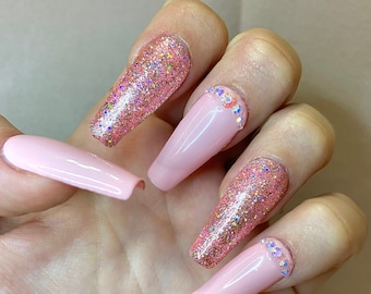 Bling Queen Pink Sparkle and Bling Rhinestone Press On Nails Fake Nails Gel Nails