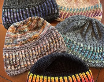 One-of-a-kind, colorful hand knit wool hats - Size L