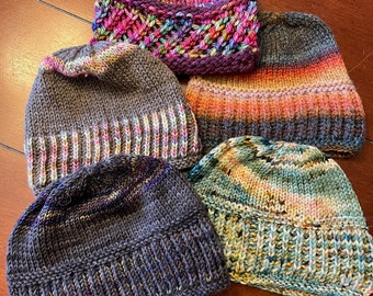 One-of-a-kind, colorful hand knit wool hats