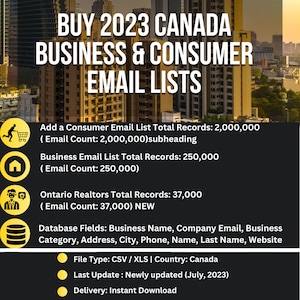Op de afbeelding: Een zwart-gele afbeelding met een stadsbeeld op de achtergrond. De tekst luidt "BUY 2023 CANADA BUSINESS & CONSUMER EMAIL LISTS". De afbeelding bevat drie e-maillijsten: Consumer Email List, Business Email List en Ontario Realtors Email List. De afbeelding bevat ook informatie over het bestandstype, het land, de laatste update en de levering.