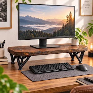May include: A rectangular monitor stand featuring a thick, dark brown live-edge wood top supported by four black, Y-shaped metal legs. The stand is positioned on a wooden desk, holding a computer monitor displaying a mountain landscape at sunrise.