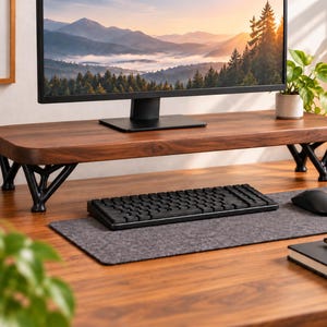 May include: A rectangular monitor stand with a dark brown wood grain surface and four black, branching, Y-shaped legs. The stand is positioned on a wooden desk, supporting a computer monitor, with a black keyboard and mouse on a grey felt mat.
