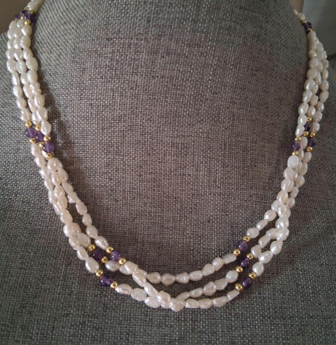 Freshwater Rice Pearl & Amethyst Gemstone, W/gold-tone Spacer Bead ...