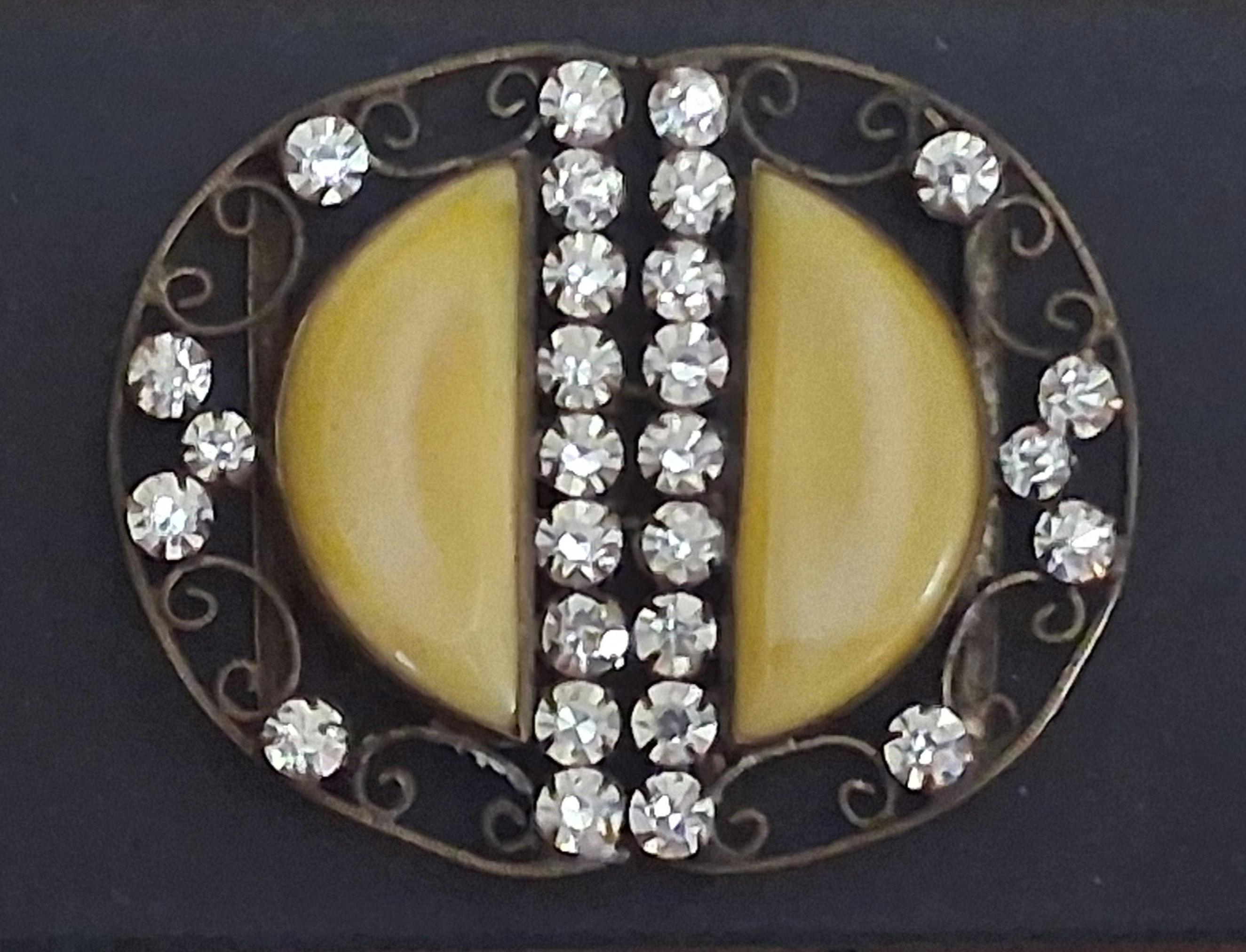 Vintage Czechoslovakia Gold Filled Women\'s Buckle Rhinestone READ Antique Signed Czechoslovakia Belt Buckle, Yellow Glass  main image 4