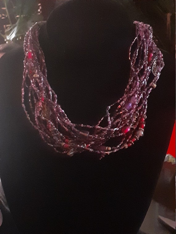 Vintage multi strand purple glass seed bead neckl… - image 1