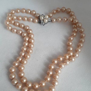 Japan glass faux pearl individually knotted double strand necklace with ornate clasp