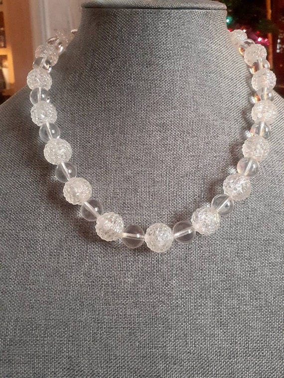 Clear crackle and white lucite bead necklace Gem