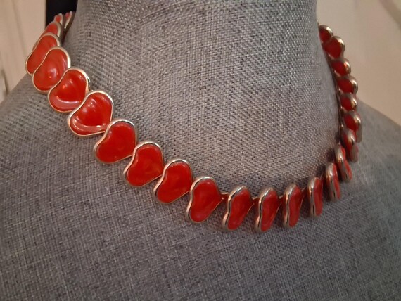 Red stylized leaf abstract celluloid link necklac… - image 3