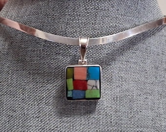 Sterling silver torque modernist style collar mosaic style gemstone inlay square pendant necklace