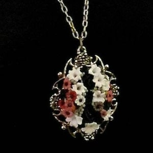 Unique porcelain flower reversable pendant with mirror goldtone necklace