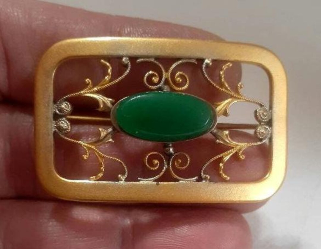 George L Paine G.LP. Art Nouveau Gold Plated Filigree Green Cabochon ...