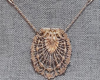 Victorian, Victorian revival gold plated pendant necklace, filigree fan or feather pendant, choker necklace 14&quot;