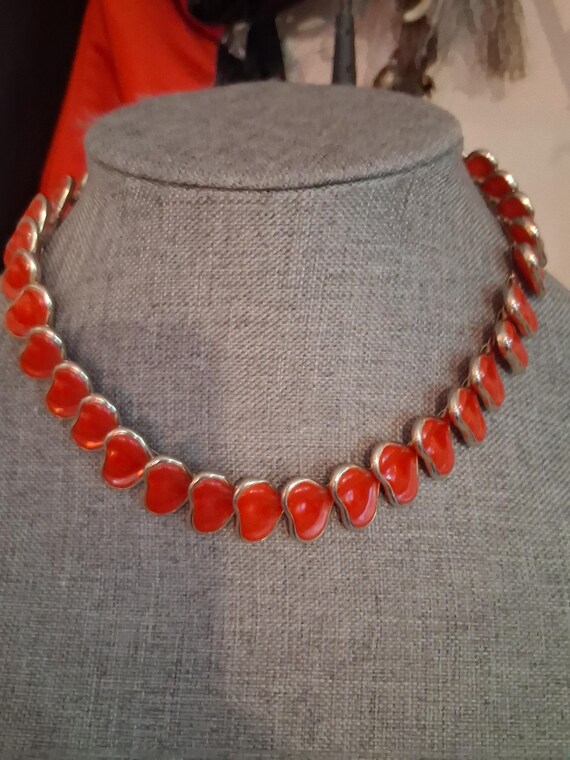 Red stylized leaf abstract celluloid link necklac… - image 6