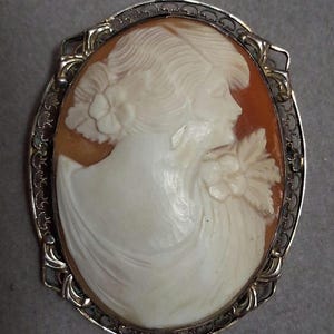 Sterling silver genuine carved shell cameo brooch, Sterling filigree border, detailed, beautiful carving