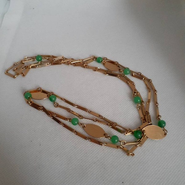 Beautiful gold tone link Endless chain station necklace with green lucite beads