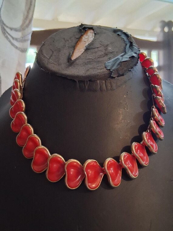 Red stylized leaf abstract celluloid link necklac… - image 11