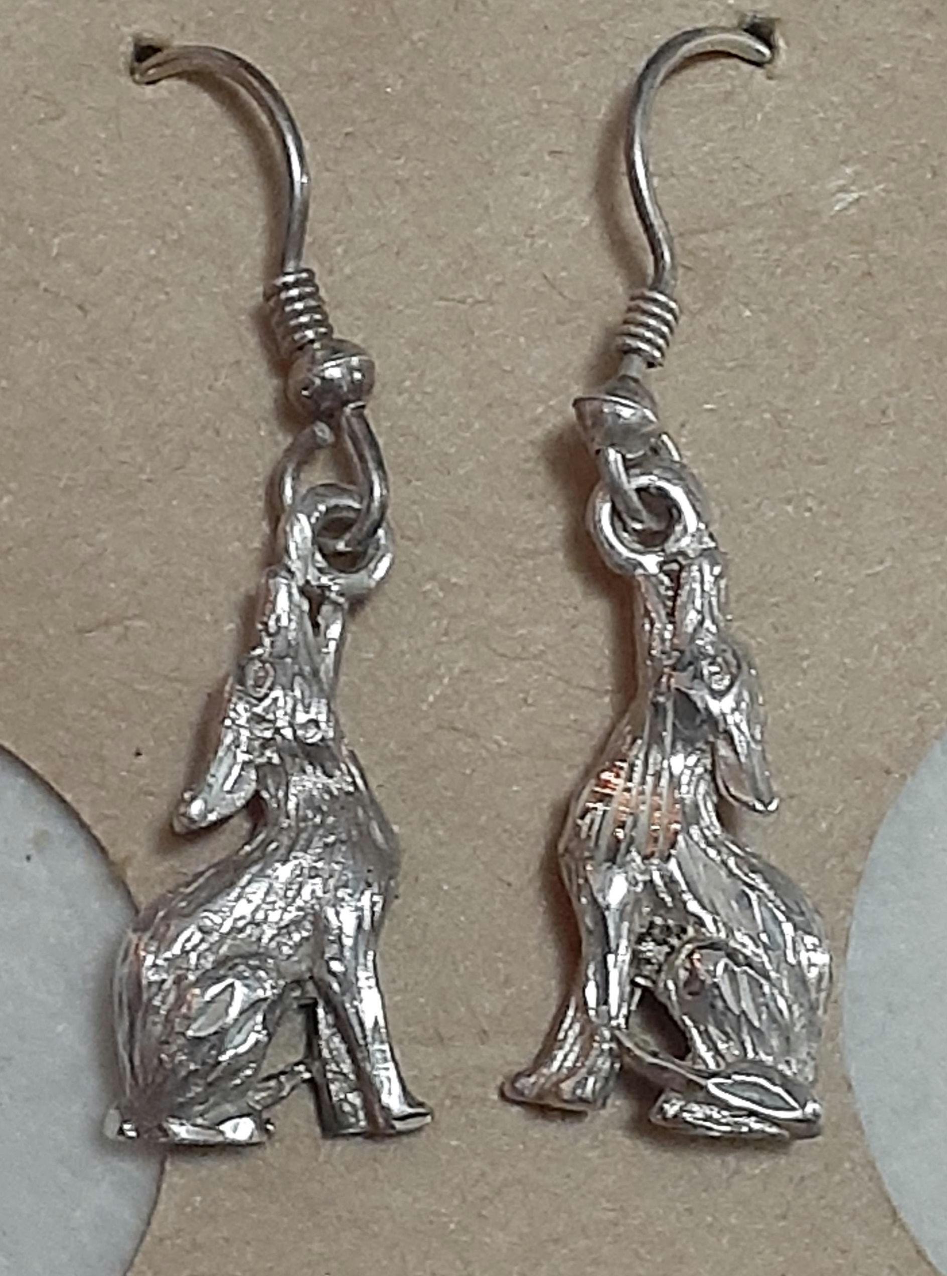 Sterling Silver Solid 3D Howling Wolf Figural Dangle Drop Earrings