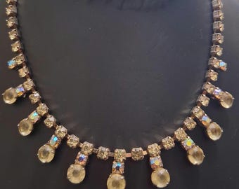 Frosted yellow "Jonquil" crystal, aurora borealis accents, and faceted yellow rhinestone dangle drop choker necklace 16" cup chain