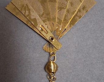 Asain style folding fan pendant with etched scene, dangle drop tassel, gold-tone finish