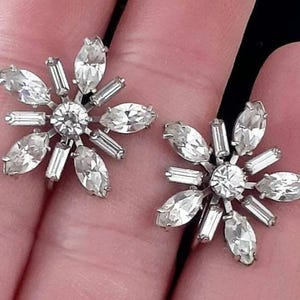 Prong set Marquise and baguette cut Rhinestone flower Statement earrings