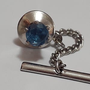 London blue topaz gemstone Silvertone tie tack with chain