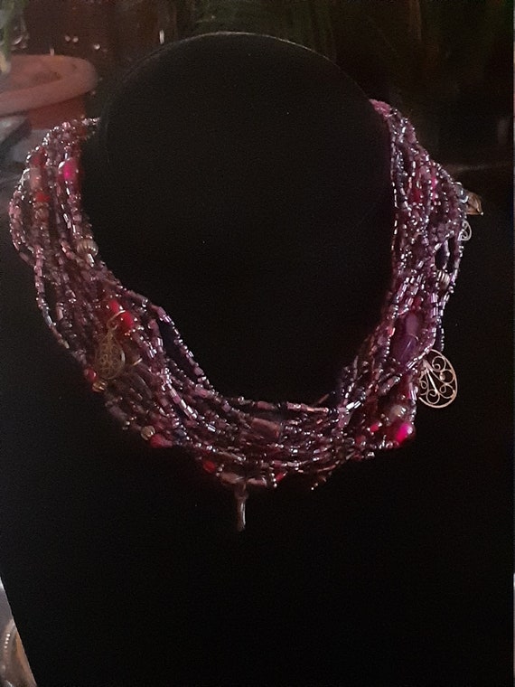 Vintage multi strand purple glass seed bead neckl… - image 4