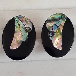 Sterling silver and Abalone wing style large oval black Statement earrings