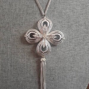 Fleur de lis Beautiful Brushed silvertone pendant tassel necklace with Matching earrings