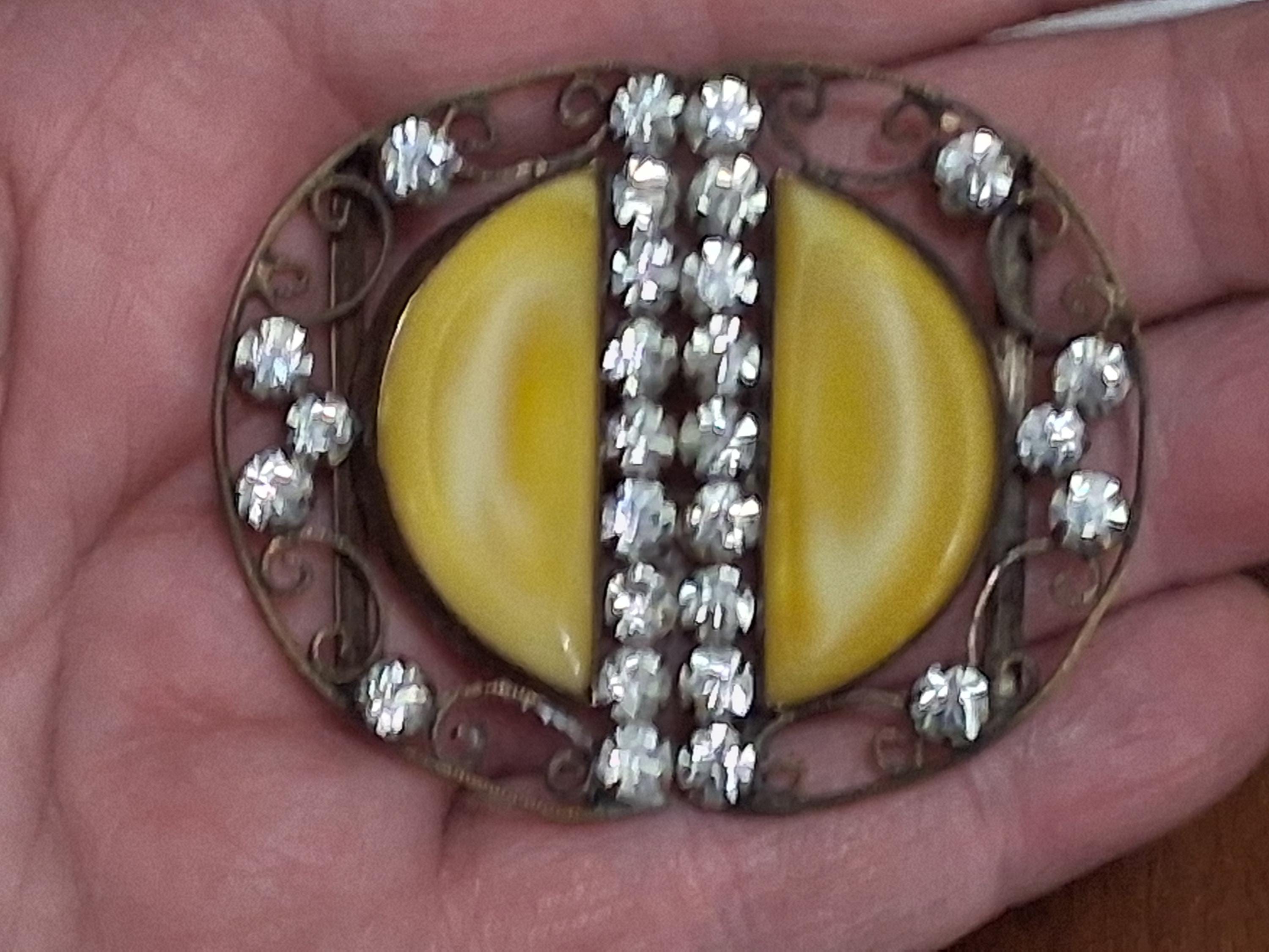 Antique Signed Czechoslovakia Belt Buckle, Yellow Glass 