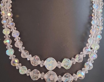 Vintage Aurora Borealis Crystal Bead Necklace, Double Strand