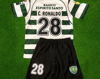 Cristiano Ronaldo #28 Sporting Lisboa 2002/2003 Home Kids Soccer Jersey, Camisa de futebol, Trikot
