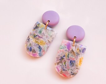 Handcrafted Polymer Clay Earrings Small Dangle Casual Daily Earrings Statement Purple Lilac Earrings Marbled Jewellery Gift | CINDY