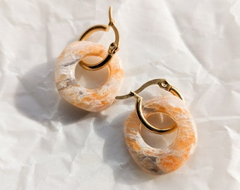 Polymer Clay Earrings Handmade Jewellery Faux Brown Onyx Earrings Faux Stone Hoops Marbled Earrings Yellow Onyx Stone Gems Earrings | DEMI