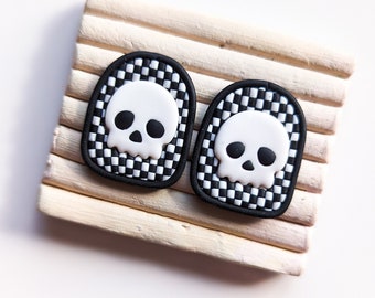 Polymer Clay Halloween Earring Skull Stud Statement Earring Stud Skull Spooky Earring Spooky Earrings Skeleton Checkered Stud