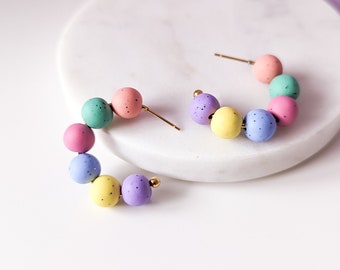 Handmade Polymer Clay Hoops Beaded Earrings Colorful Hoops Rainbow Earrings Lightweight Hoop Summer Earring Multicolor Earring Funky | GIGI