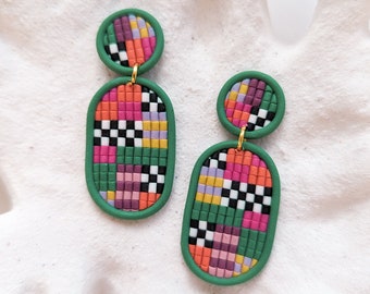 Boucle d'oreille en pâte polymère Bijoux fait main Boucle d'oreille tendance Boucle d'oreille colorée Boucle d'oreille bohème Boucle d'oreille automne Vibes Motif géométrique | DAKOTA