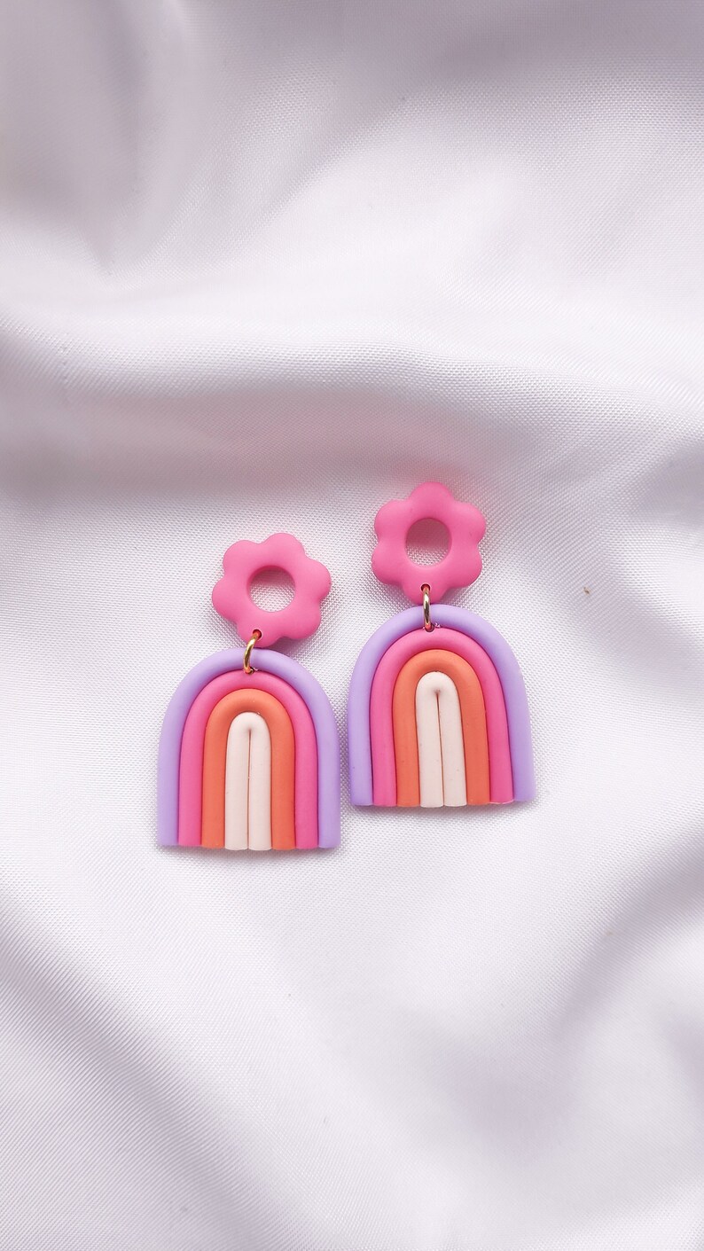 Polymer Clay Earrings Rainbow Earrings Flower Dangle Statement Earrings Handmade Jewellery Cute Earrings Fun Earrings IRIS image 1