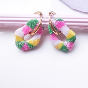 Handmade Polymer Clay Earrings Golden Hoop Silver Hoop Statement Earrings Quilt Pattern Jewellery Handmade Bohemian Earring Modern ENOLA image 4